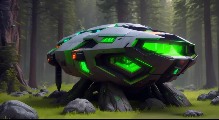 futuristic spaceship with green eyes, burning green light on a rock in the middle of the forest, NOhumans, science fiction, 3D octane rendering concept art, Glowing sci-fi engine, 8 k high detail concept art, Рендеринг 8 K CG, 8K 3D octane rating rendering...