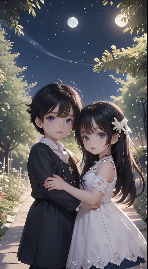 characters: cute mini girl and cute mini boy, lovely couples, traditional dress, blue eyes, black hair, small characters, 8k, 3d...