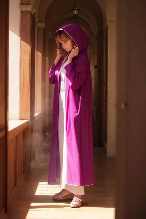 woman in magenta clothes, robe and cloak with hood over head, hiding in the shadows