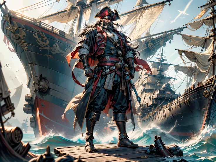 (full body portrait of a exalted pirate king shipwrecked hungry for revange, holding a saber, his gargantuan warship in the back...