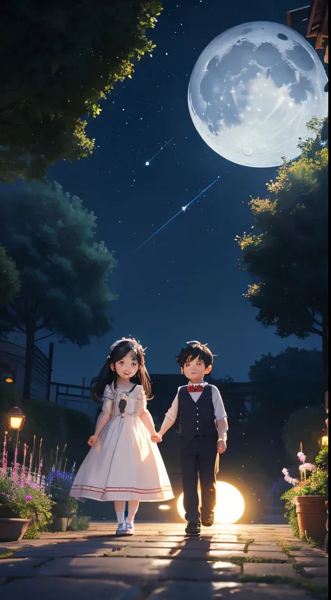 Characters: cute mini girl and cute mini boy, lovely couples, traditional dress, blue eyes, black hair, small characters, 8k, 3D animation. Background: beautiful garden, road, trees, night, moon, stars.