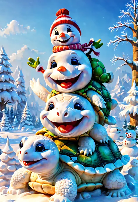 snowsculpture，snowman sitting on the back of a turtle,illustration,[adorable turtle,smiling snowman,playful scene],[best quality...