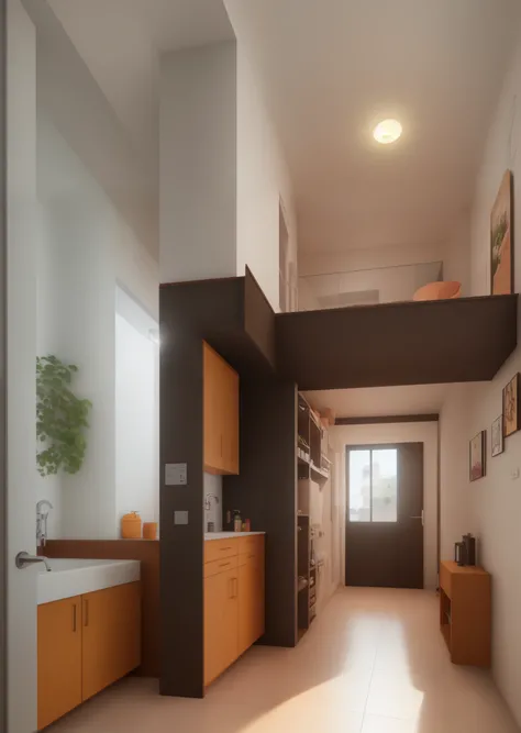 Departamento de una planta, with a room with private bathroom, sala, cocina comedor, stairs to a second floor and under the stairs a half social bathroom