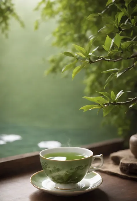 On the table、top-quality、真实感、Surreal、(Green tea steamed tea cup)、((just below the water, you can see the small, Thin branches float vertically))