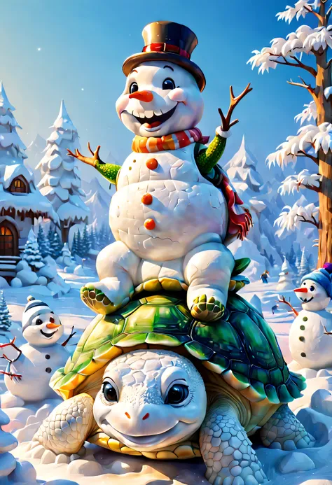 snowsculpture，snowman sitting on the back of a turtle,illustration,[adorable turtle,smiling snowman,playful scene],[best quality...