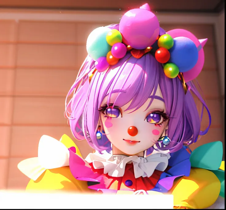 um close de um personagem de desenho animado em uma sala com piso xadrez, Clown GossipCore:, e 2K Cutecore Clowncore, 4 k octane render, jester themed, Personagem 3D, Personagem 3D, muffet de undertale, fofo! c4d, Renderização 3D 8K Octane, clown girl