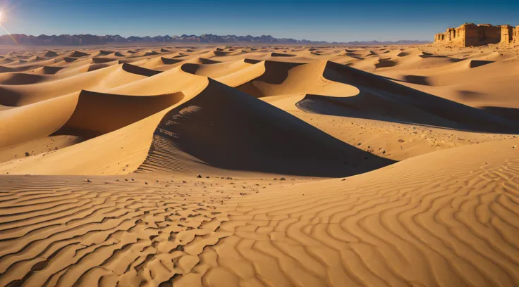 desert, sandy landscape, barren, vast, endless dunes, intense heat, mirage, oasis, golden sunlight, cacti, camels, nomadic tribes, traditional clothing, turban, vibrant colors, tranquil, serene, remote, solitude, majestic sandstone cliffs, breathtaking sun...