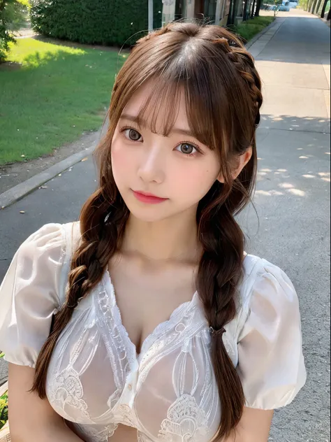 (From  above:1.4)、((1girl in)),Light Brown Fringe Hair、Braided hair、disheveled hair、Light brown eyes、(dignified expression)、((Casual summer clothes))、(爆乳:1.4)、Emphasize the valley、fittingroom、(Photorealsitic)、(intricate detailes:1.2)、(​masterpiece、:1.3)、(t...