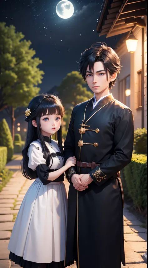 Characters: cute mini girl and cute mini boy, lovely couples, traditional dress, blue eyes, black hair, small characters, 8k, 3D animation. Background: beautiful garden, road, trees, night, moon, stars.