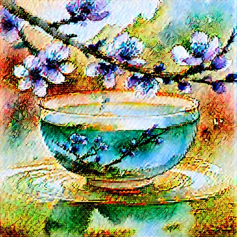 Stunning watercolor, Steaming green tea bowl，Delicate plum blossom petals float on the water, The graceful dance of plum blossom petals, Gentle swirl of plum blossom petals, Capture stunning watercolor paintings, Elegant and beautiful depiction of peaceful...