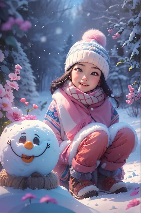 5-year-old girl happily builds a big snowman，snowflower，at winter season，Thick snow，footprints，Colorful，like a dream，in pink，Disney animation style，Disney animated film style，（（Best quality at best））， （（tmasterpiece））， Enhanced dynamic viewing angle，，flowe...