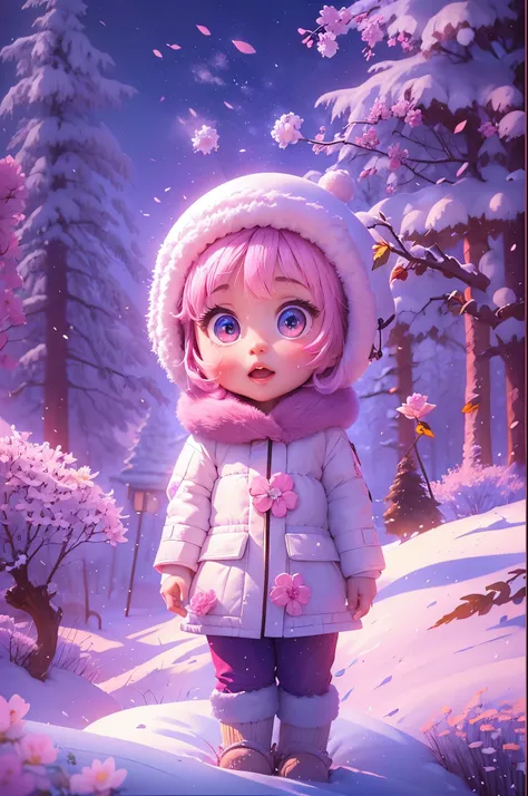 5-year-old girl happily builds a big snowman，snowflower，at winter season，Thick snow，footprints，Colorful，like a dream，in pink，Disney animation style，Disney animated film style，（（Best quality at best））， （（tmasterpiece））， Enhanced dynamic viewing angle，，flowe...