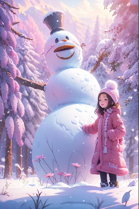 5-year-old girl happily builds a big snowman，snowflower，at winter season，Thick snow，footprints，Colorful，like a dream，in pink，Disney animation style，Disney animated film style，（（Best quality at best））， （（tmasterpiece））， Enhanced dynamic viewing angle，，flowe...