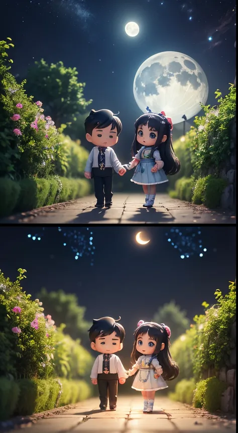 Characters: cute mini girl and cute mini boy, lovely couples, traditional dress, blue eyes, black hair, small chibi characters, 8k, 3D animation. Background: beautiful garden, road, trees, night, moon, stars.