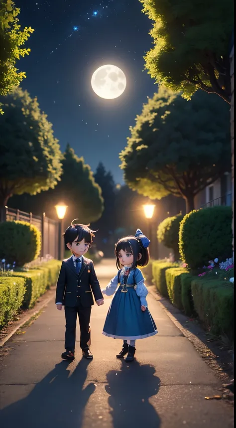 Characters: cute mini girl and cute mini boy, lovely couples, traditional dress, blue eyes, black hair, small chibi characters, 8k, 3D animation. Background: beautiful garden, road, trees, night, moon, stars.