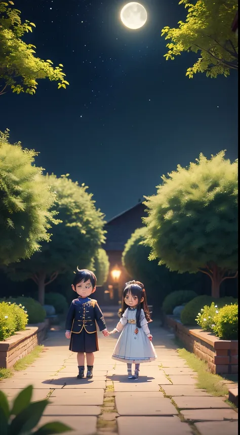 Characters: cute mini girl and cute mini boy, lovely couples, traditional dress, blue eyes, black hair, small chibi characters, 8k, 3D animation. Background: beautiful garden, road, trees, night, moon, stars.