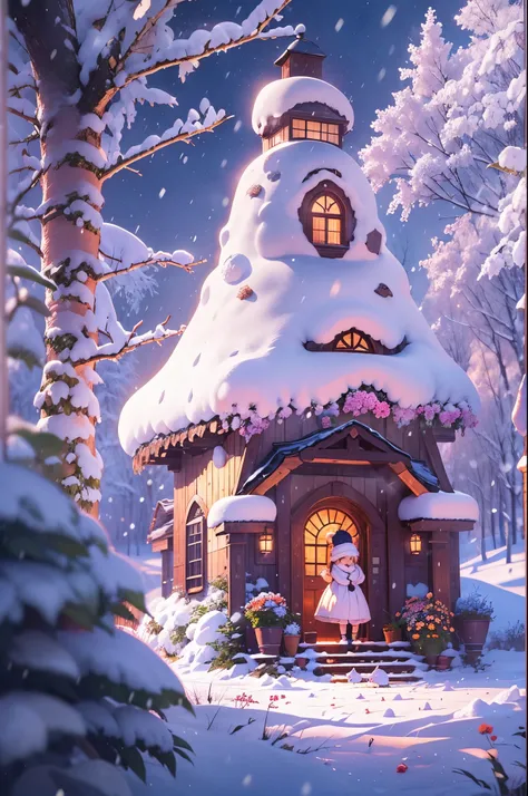 A 5-year-old girl happily built a big snowman，snowflower，at winter season，Thick snow，footprints，Colorful，like a dream，style of disney animation，disney animated movie style，（（Best quality））， （（tmasterpiece））， Enhanced dynamic viewing angle，，flowers blooming...