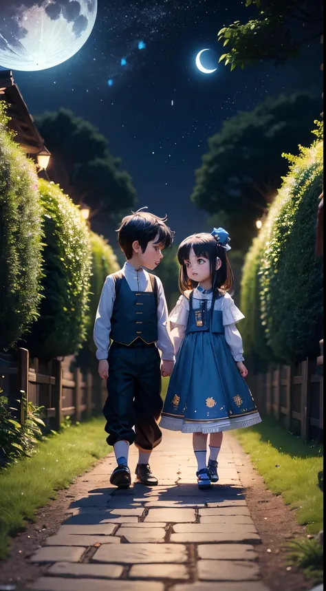 Characters: cute mini girl and cute mini boy, lovely couples, traditional dress, cute blue eyes, black hair, cute face, small chibi characters, 8k, 3D animation. Background: beautiful garden, road, trees, night, moon, stars.