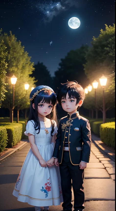 Characters: cute mini girl and cute mini boy, lovely couples, traditional dress, cute blue eyes, black hair, cute face, small chibi characters, 8k, 3D animation. Background: beautiful garden, road, trees, night, moon, stars.