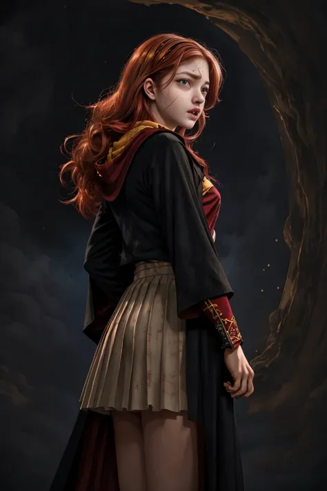 (far wide shot:1.5), 1girl, (solo:1.5), a beautiful picture of ginny weasley, ginwea1, wearing a uniform, masterpiece, photoreal...