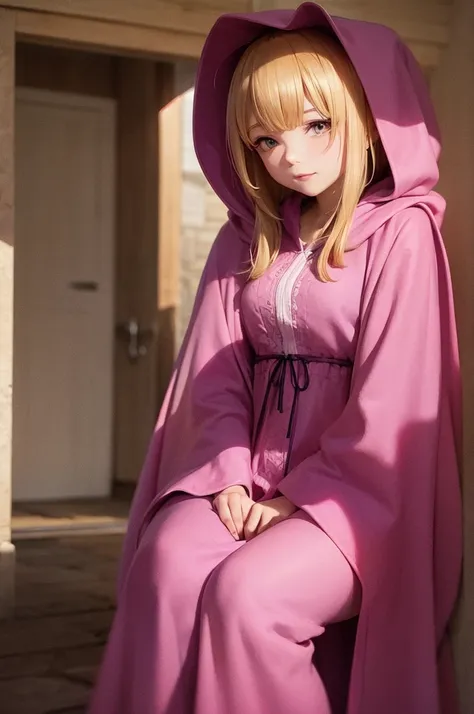 woman in magenta clothes, robe and cloak with hood over head, hiding in the shadows