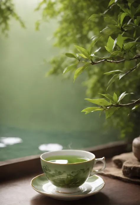 On the table、top-quality、真实感、Surreal、(Green tea steamed tea cup)、((just below the water, you can see the small, Thin branches float vertically))