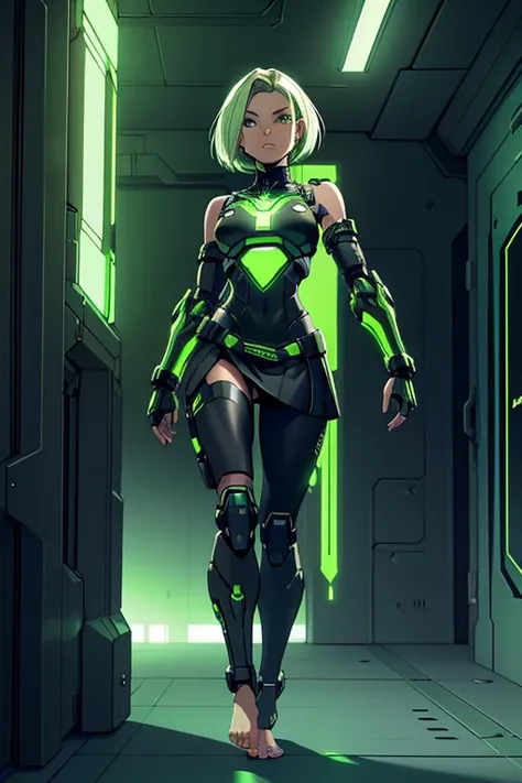 A beautiful, young, barefoot cyborg woman, wearing cybernetic technological black, green and white body armor with a skirt, prosthetic arms and legs , with short shoulder-length light hair, in a futuristic room.