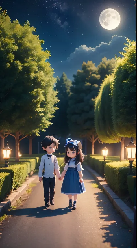 Characters: cute mini girl and cute mini boy, lovely couples, traditional dress, cute blue eyes, black hair, cute face, small chibi characters, 8k, 3D animation. Background: beautiful garden, road, trees, night, moon, stars.