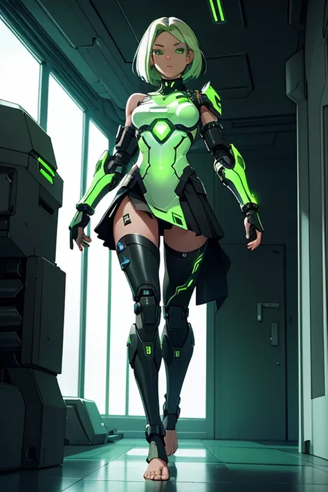 A beautiful, young, barefoot cyborg woman, wearing cybernetic technological black, green and white body armor with a skirt, prosthetic arms and legs , with short shoulder-length light hair, in a futuristic room.