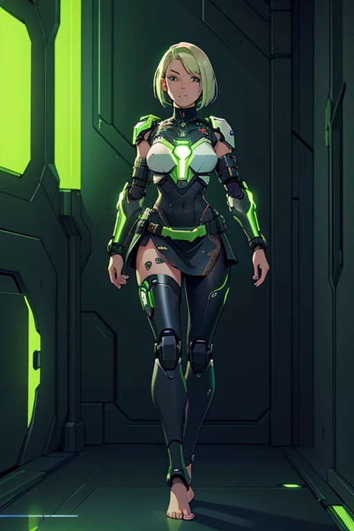 A beautiful, young, barefoot cyborg woman, wearing cybernetic technological black, green and white body armor with a skirt, prosthetic arms and legs , with short shoulder-length light hair, in a futuristic room.