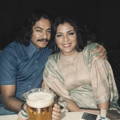 There is a man and a woman sitting at the table with a beer, momma and papa, homem de cabelo preto encaracolado comprido com bigode preto, camisa azul de manga curta, pele escura, mulher de cabelo preto encaracolado, pele negra, sorriso, olhos castanhos, c...