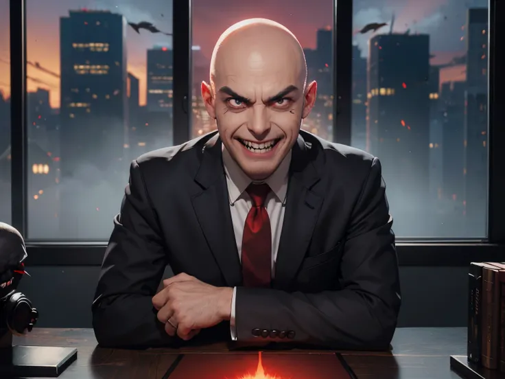 Evil business man smiling sitting at desk, shining tooth, (((bald))), hands together, (((evil smile))), (((angry eyebrows))), black suit and red tie, shadows obscuring part of his face, dark office, nighttime, moon, window behind him showing dystopian city...