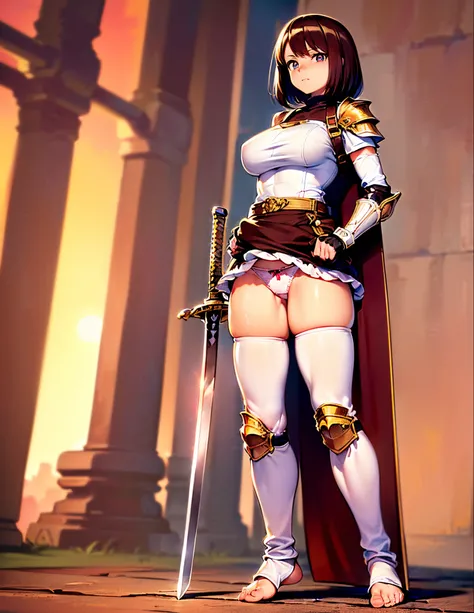 (best quality, 4k, 8k, highres, masterpiece:1.2), ultra-detailed, ((cat girl)), ((brown hair)), ((full body)), ((perfect body)), ((stand pose)), ((((very baggy and long cotton leg warmers)))), ((bare feet)), (((tiny panties))), ((battle armor)), ((battle g...