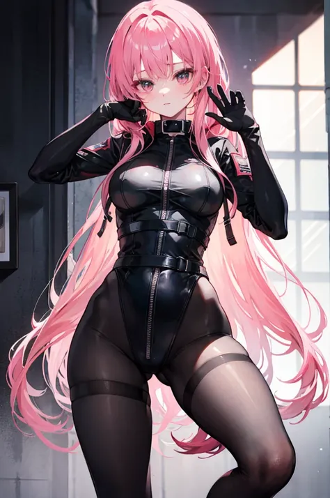 Pink Long Hair，army suit，black pantyhoses，black military boots，mitts，Put your hands behind your back，a sexy pose