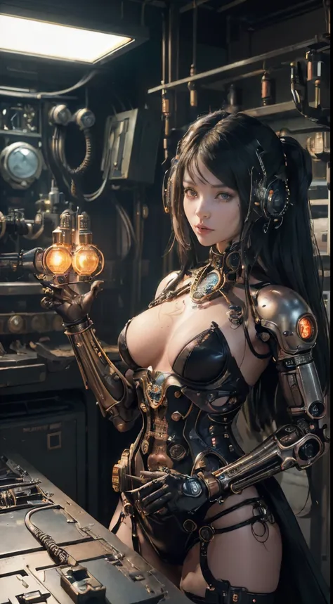 Cute young teen biomechanical steampunk fight cyborg woman realistic movie shallow focus scene, More about her full body steampunk、Stands in fluid movement in a simple barren place with stunning cloud landscapes and sunsets、Hydraulic cylinder、meter、pipes、l...