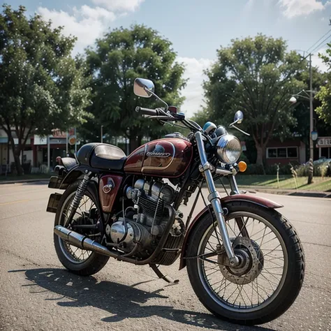 A 1950s motorbike on a road in a small country town