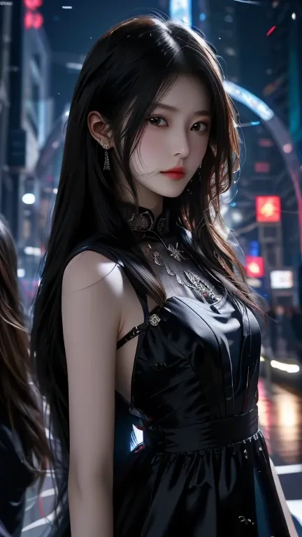 ultra hd, the 8k quality, girl with, very long hair, black blur dress, detailed eyes, front capture, unreal enginee 5,