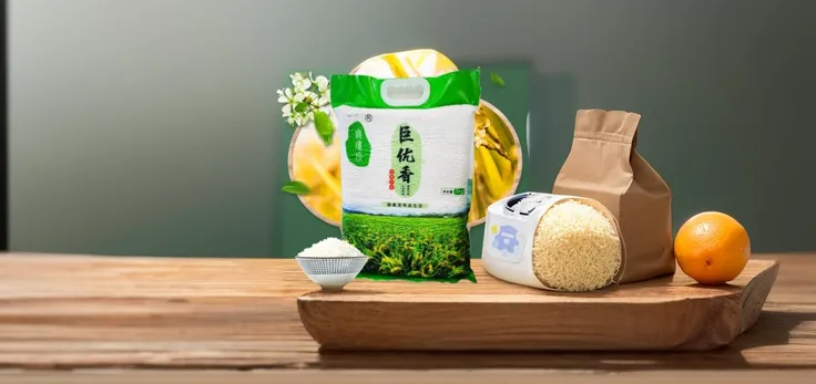 Close-up of a bag of rice on the table, Wang Chen, Heavy grain and high quality, Middle Metaverse, 千 葉 雄 大, 4l, 8l, 8l, Texture quality is high, Chinese Ghost Festival, jia