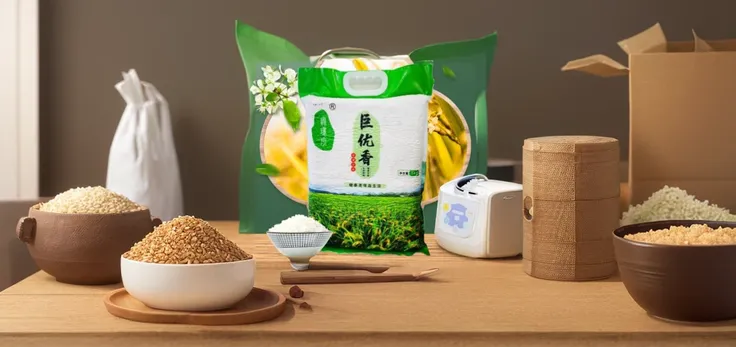 Close-up of a bag of rice on the table, Wang Chen, Heavy grain and high quality, Middle Metaverse, 千 葉 雄 大, 4l, 8l, 8l, Texture quality is high, Chinese Ghost Festival, jia