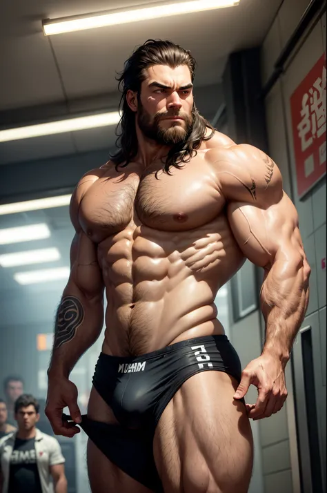 middle aged man，onesie，Wrestling suits，，army，tmasterpiece, One guy, in a subway station，Detailed background skin with many tattoos，_breath through_Broad pectoral muscles_The whole body was soaked , glowing moving objects, , Muscle tissue，Nail shape, determ...