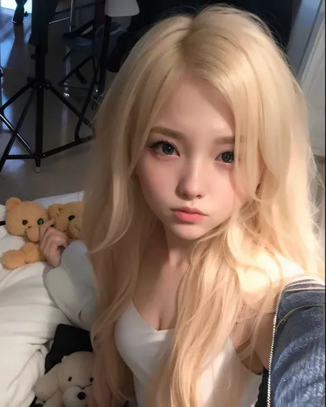 arafa girl with long blond hair and a teddy bear, Ulzzang, extremely pale blond hair, pale round face, Parque Roseanne do Blackpink, very very pale blond hair, longos cabelos loiros e olhos grandes, her hair is white, ela tem um rosto bonito, 19-year-old g...