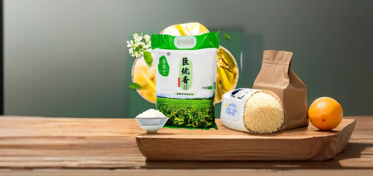 Close-up of a bag of rice on the table, Wang Chen, Heavy grain and high quality, Middle Metaverse, Chiba Yuda, 4l, 8l, 8l, Texture quality is high, Chinese Ghost Festival, jia