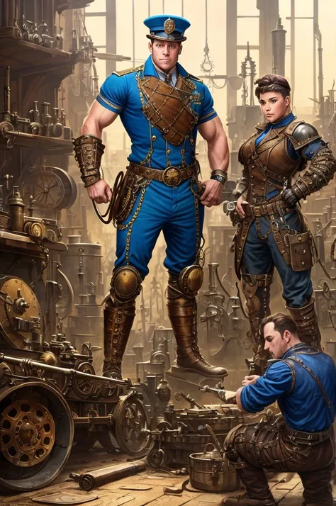 Art in color style Alex Horley, Strong muscular Steampunk mechanic, Blue uniform, Steampunk armor maintenance, war scene amidst tanks and Steampunk humanoid automatons, Steampunk combat workshop scene, ultra HD