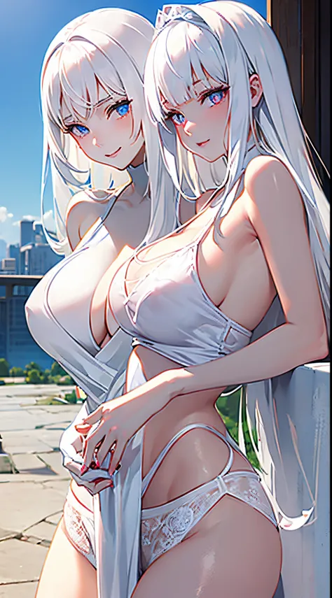 2womanl, Solo, White hair, Parted bangs, Forehead, Single long blade, Blue eyes, pink lips, White tank top, White pantie, Smile, Outdoors, white skin, really white skin, white and pink skin, glowing eye, sex, lesbian