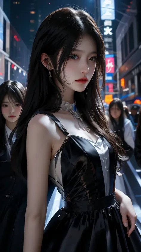 ultra hd, the 8k quality, girl with, very long hair, black blur dress, detailed eyes, front capture, unreal enginee 5,