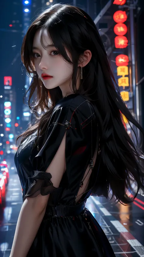 ultra hd, the 8k quality, girl with, very long hair, black blur dress, detailed eyes, front capture, unreal enginee 5,