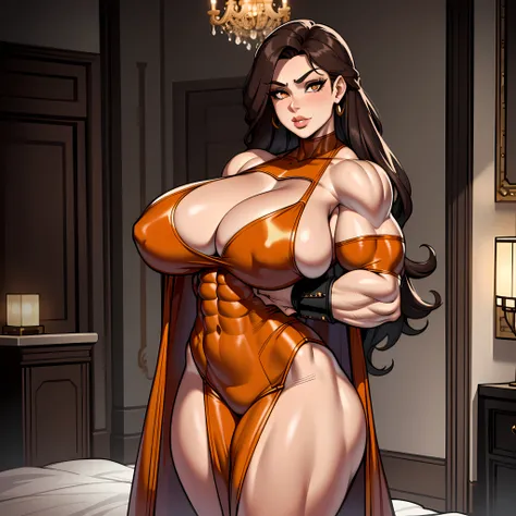 (best quality,4k,highres:1.2),ultra-detailed,realistic:1.37,brown-haired woman with orange eyes,thicc mommy wearing skimpy sexy outfit,has sultry look on her face,wearing fur lined robe,with seductive gaze,confident posture,pin-up style,fierce attitude,mag...