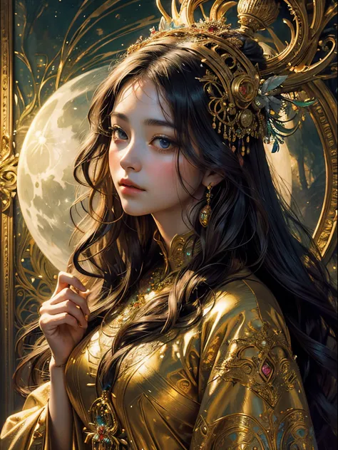 high quality, highly detailed, Envision a hyper-realistic portrait inspired by the enchanting style of Gustav Klimt, set in a magical twilight forest. The captivating woman, adorned in flowing robes reminiscent of Klimts golden period, stands amidst ethere...