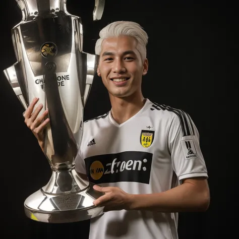 Borussia Dortmund Asian football player with white hair holding a very dark silver trophy in front of a photo backdrop, o melhor de sempre.