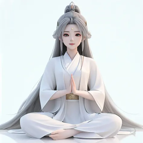 Anime-style image，Woman in white kimono sitting in lotus pose, flowing hair and long robes, white-haired god, Has white hair, Anime rapunzel girl, Anime style 3D, realistic anime 3D style, Baiji haircut hairstyle, The character is in a natural pose, Has gr...